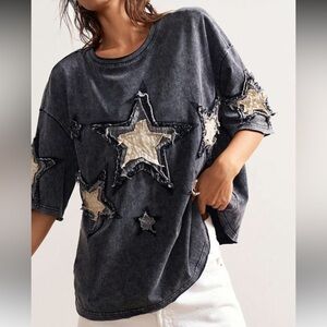 Star patch short sleeve tee t-shirt  gray charcoal black acid Wash